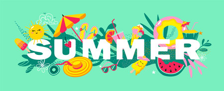 Summer mood banner template. Summer banner with elements such as sun, fruits, ice cream, umbrella, beach shoes and palm leaves. vector illustration.のイラスト素材