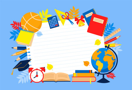 Banner template with school supplies frame. Concept for back to school, stationery sale. Pensils,books, textbooks, globe, ruler, book, brush, pencil icons in flat style. Vector illustration isolated on blue backgroundのイラスト素材