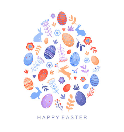 Colorful Happy Easter greeting card with rabbits, eggs and text. vector illustrationのイラスト素材
