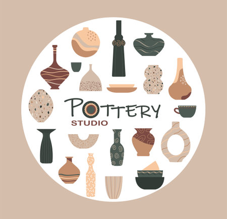 Pottery studio. Large set with vases and pots of various shapes. Vector illustrationのイラスト素材