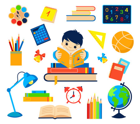 back to school. Bright set of school icons on a white background. Goods for schoolchildren.のイラスト素材