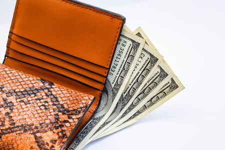 Wallet with dollars banknotes isolated on white background, copy space, one hundred american moneyの写真素材