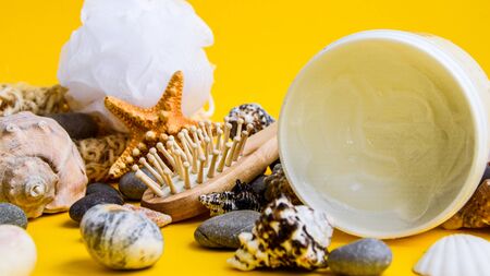 banner Natural organic skincare products with bath, balm, cream for skin treatments, sea shell,...