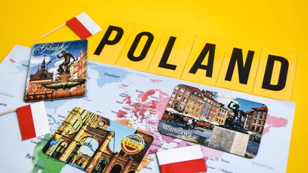 Poland travel destination, polish flag, magnets from Warsaw, Gdansk Lodz, world map, travel concept, EUの写真素材