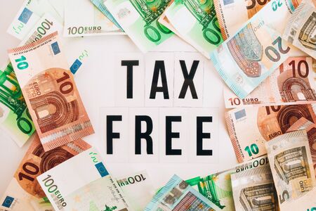 Euro Money Frame with TAX Free word iscription inside on white background, Banknote european cash. Falling money, Tax free signの写真素材