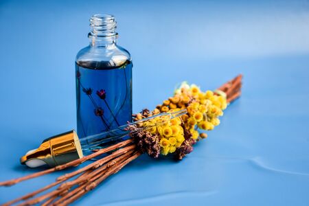Anti aging serum in glass bottle with dropper on blue background and dry flowers . Facial liquid serum with collagen and peptides. Skin care essence for beautiful healthy skin. Dropper glass bottle mock-up.の写真素材
