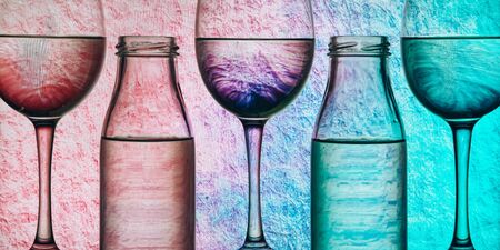 wine glasses and bottles in a row with colorful light painting behind, Set of wine glasses with red, white and rose wine, banner, alcohol drinksの写真素材