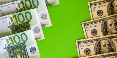 US Dollar and Euro, Euro banknotes close up. Several hundred euro banknotes, Money background, Euro banknotes close up. Several hundred, copy space for textの写真素材