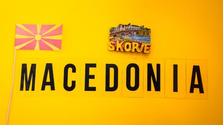 Macedonia travel concept, Magnet from Skopje and macedonian flag, passport with boarding passの写真素材