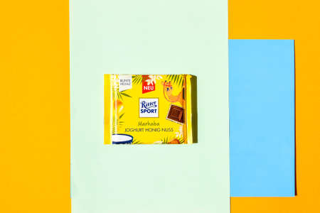 Zhytomyr, Ukraine - June 2, 2020: chocolate Ritter Sport bars. German chocolate, has 56 different tastes. Ritter Sport chocolate bar made by Alfred Ritter GmbH Coのeditorial素材