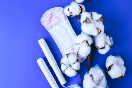 Menstrual napkins and tampons with cotton flowers on blue background. Concept of critical days, menstruation. Sanitary pad, Top view, copy spaceの写真素材