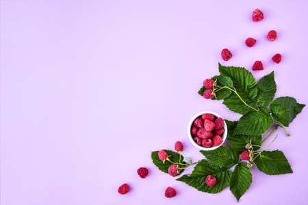 Red fresh raspberries on pink background. Bowl with natural ripe organic berries with peduncles and...