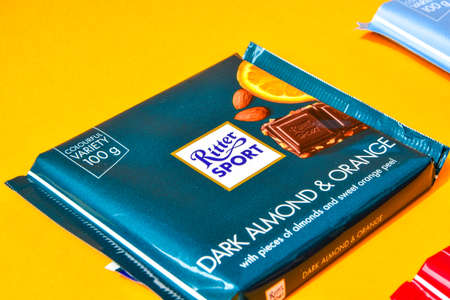 Zhytomyr, Ukraine June 02, 2020: Variety of Ritter Sport chocolate bars. Ritter Sport was founded in 1912 in Stuttgart-Bad Cannstatt, Germany, Sweetsのeditorial素材