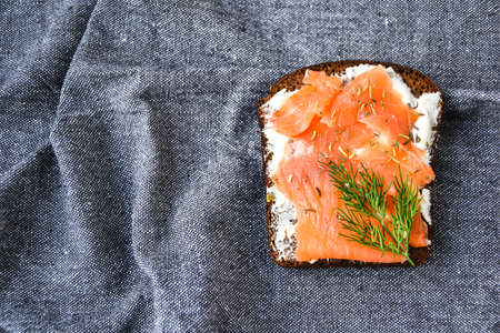 Salmon healthy toast with cheese on kitchen towel, copy space for text