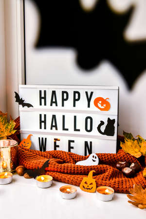 HAPPY HALLOWEEN. Text in white light box, with a background of sweater, dried leaves halloween...