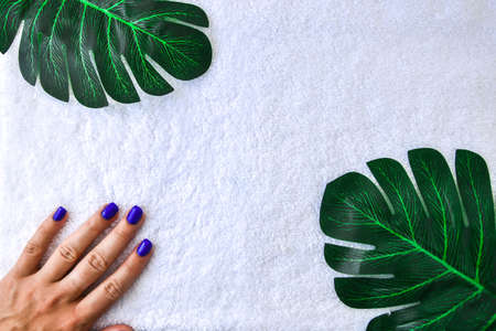 Blue nails treatment of nails, the concept of beauty, care on white towel with green branch palm...