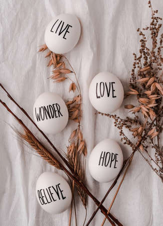 Easter DIY. Do it yourself. Trendy Easter Eggs Composition. Egg name settings and happy easter...
