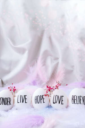 Easter DIY. Do it yourself. Trendy Easter Eggs Composition. Egg name settings. Words drawn with pen....