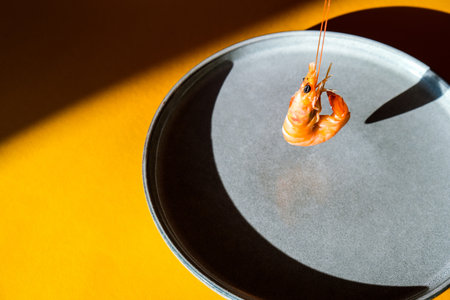 Balancing flying Red shrimp on a gray plate and yellow background. Trendy colors. Minimalistic concept sea food. Deep shadows. Vegetarian Omegaの写真素材