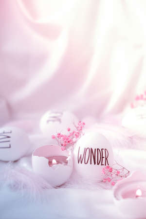 Easter DIY. Do it yourself. Trendy Easter eggs Composition. Easter message, Words drawn with pen....