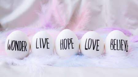 Easter DIY. Do it yourself. Trendy Easter Eggs Composition. Egg name settings. Words drawn with pen....