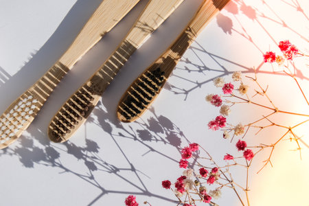 Bamboo toothbrush. Biodegradable, organic on a white background with deep trendy shadows. Eco friendly life style concept, zero waste. Eco bathroom without plastic. Copy spaceの写真素材