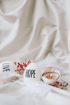 Easter DIY. Do it yourself. Trendy Easter eggs Composition. Easter message, Words drawn with pen....