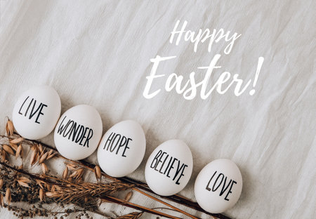 HAPPY EASTER greeting card Easter DIY. Do it yourself. Trendy Easter Eggs Composition. drawn with pen. High Angle View Of Shells On Table. Pastel colors. Love Live Believe Wonder Hopeの写真素材