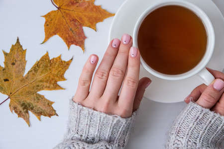 Woman hands with beautiful nude manicure holding autumn leaves. Female Manicure, natural look. Nails...