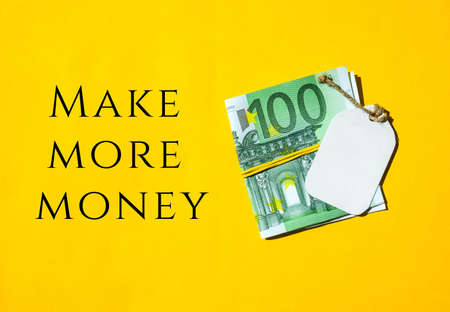 Euros cash money and paper note with text written MAKE MORE MONEY. Concept of financial planning. Make more extra money from parttime side hustle or second jobの写真素材