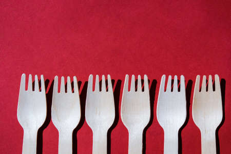 Eco friendly fast food containers. Wooden forks. Eco friendly disposable tableware. Used in fast food, restaurants, takeaways, picnics. No plastic Zero wasteの写真素材