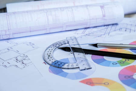 Architecture plan of the house, palette of colors designs for interior works. Projects of houses. Interior designer's working table. Workplace workspaceの写真素材