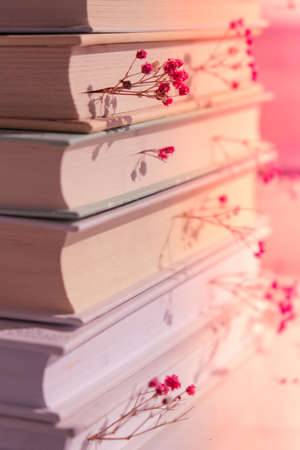 Stack of old books with babys breath flowers. Cozy reading. Delicate pink gypsophila flowers. Slow living concept. Unity with nature. Education literature. Selective focus.の写真素材