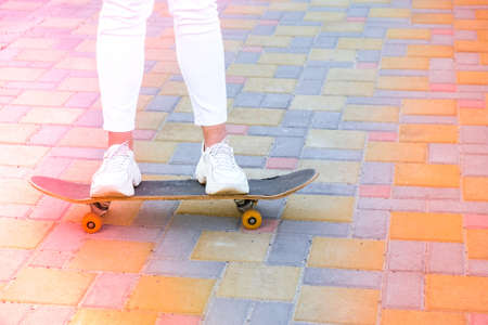 Close up Girl skateboarder legs skateboarding at sunset. sun backlight and freedom rebel independent concept. Spending day for active board hobby. Cheerful hipster girl skateboardingの写真素材