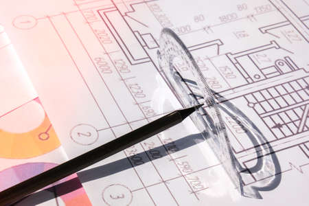 A pencil with a protractor. Architectural Project drawings with tools. Architects workplace. Engineering Interior designers working tableの写真素材