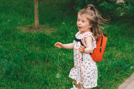 A cheerful girl catches soap bubbles with her hands and laughs. Happy childhood, summer time....