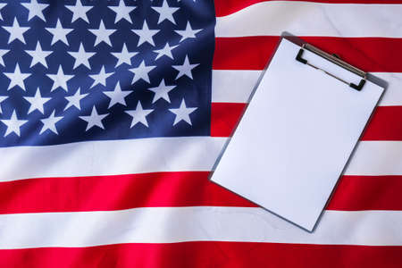 American flag with empty paper note copy space. Flag of the united states of America. July 4th Independence Day. USA patriotism national holiday. Usa proud. Freedom conceptの写真素材