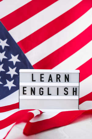 American flag. Lightbox with text LEARN ENGLISH Flag of the united states of America. July 4th Independence Day. USA patriotism national holiday. Usa proud. Freedom conceptの写真素材