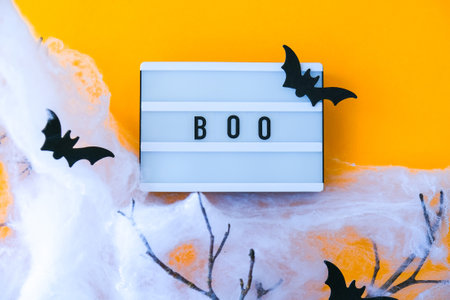 Lightbox with word BOO and halloween party decorations. Bats on dry tree branch with spider net for Halloween on orange background. Top view flatlayの写真素材