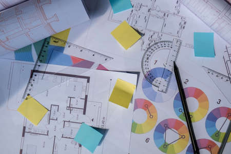 Architecture plan of the house, palette of colors designs for interior works. Projects of houses. Interior designers working tableの写真素材