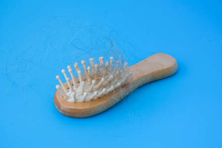 Blonde hair loss problem with hairbrush on blue background. Alopecia, hair problem, falling hair on brush healthy medical treatment concept. Hormonal changes, unhealthy of agingの写真素材
