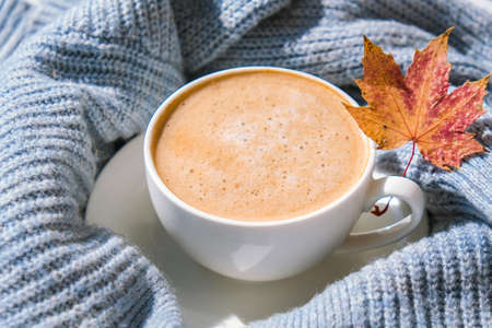 White cup of morning warming coffee on blue knitted sweater with maple yellow leaves background. Cozy home concept. Aesthetics blog lifestyle. Autumn Still life. Cappuccino or latte hot drink. Atmosphereの写真素材