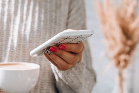 Woman holding Mobile phone. Pampas grass home decoration. Checking social media while Drinking Cappuccino in the breakfast morning at home. Aesthetics Cozy home workplace. Blogger lifestyleの写真素材