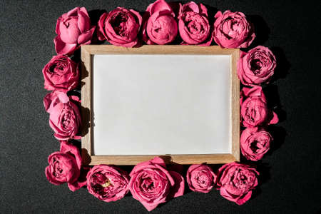 Holiday mock up, pink roses in frame for birthday, valentines mothers womans day, bouquet of flowers...