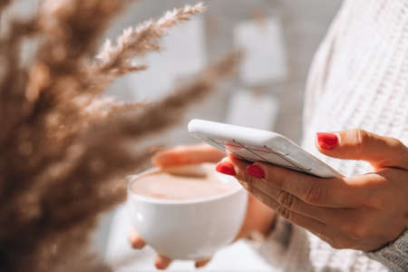 Woman holding Mobile phone. Pampas grass home decoration. Checking social media while Drinking Cappuccino in the breakfast morning at home. Aesthetics Cozy home workplace. Blogger lifestyleの写真素材