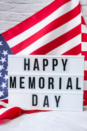 American flag. Lightbox with text HAPPY MEMORIAL DAY Flag of the united states of America. July 4th Independence Day. USA patriotism national holiday. Usa proud. Freedom conceptの写真素材