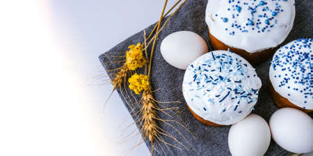 Easter eggs. Happy Day Bright Easter. Orthodox Easter holiday. Traditional food. Creative stylish trend Homemade easter cake. Selective focusの写真素材