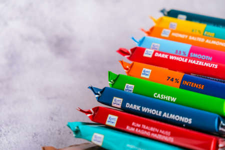 Kiev Ukraine - October 2021 Square chocolate Bar made by Alfred Ritter GmbH Co. chocolate Ritter Sport bars. German chocolate, different tastes. Copy spaceのeditorial素材