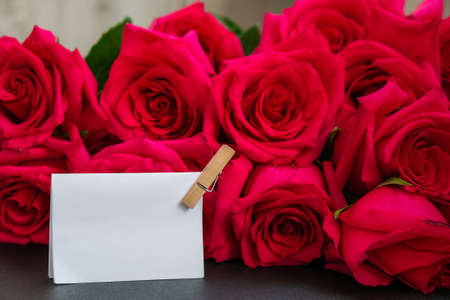 Pink roses and white empty paper note copy space for text. Holiday Mock up. Valentines day, Mothers...