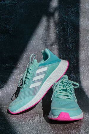 Kiev Ukraine - October 2021 Blue Adidas Running boots. Multinational company. Product shots. Adidas...